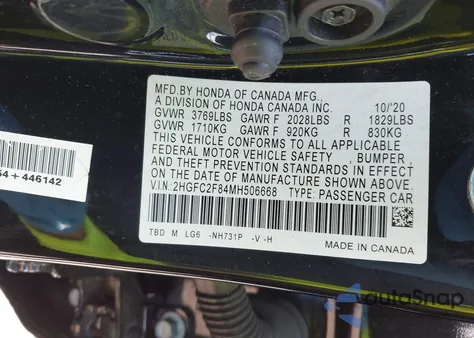 2021 Honda Civic Sport z USA, uszkodzony, nr VIN 2HGFC2F84MH506668